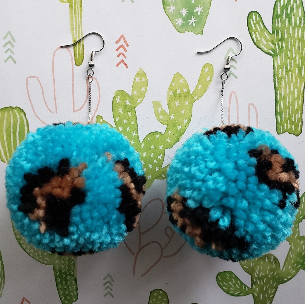Large Turquoise Leopard Print Pom Pom Earrings